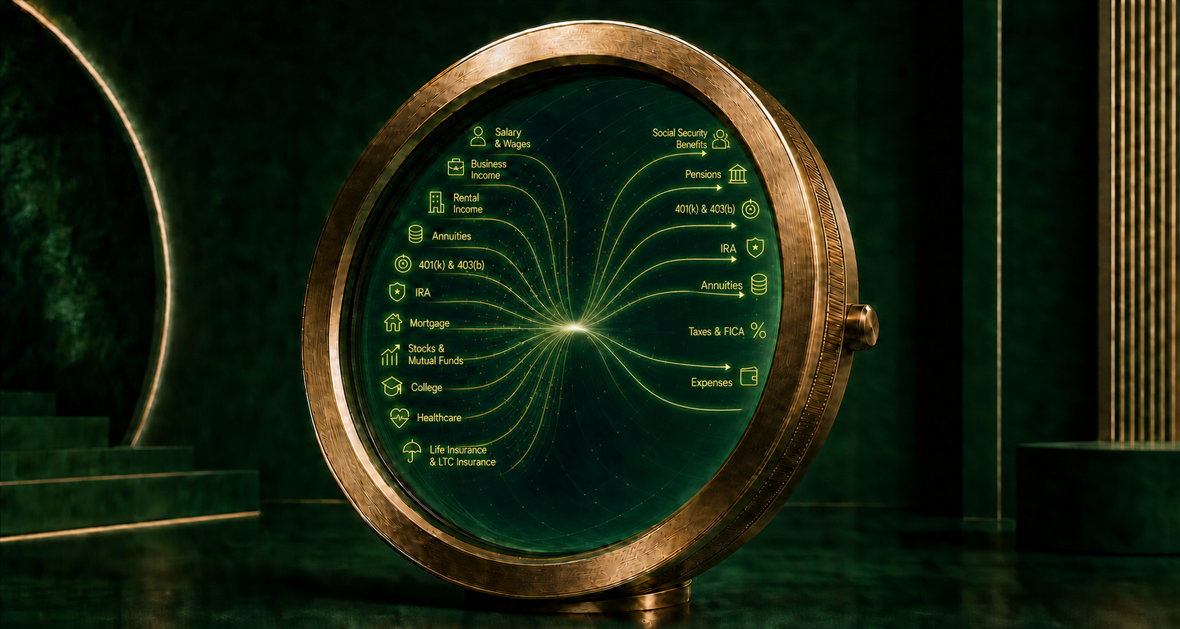 A Financial Oracle lens connecting income, retirement benefits, taxes, and expenses
